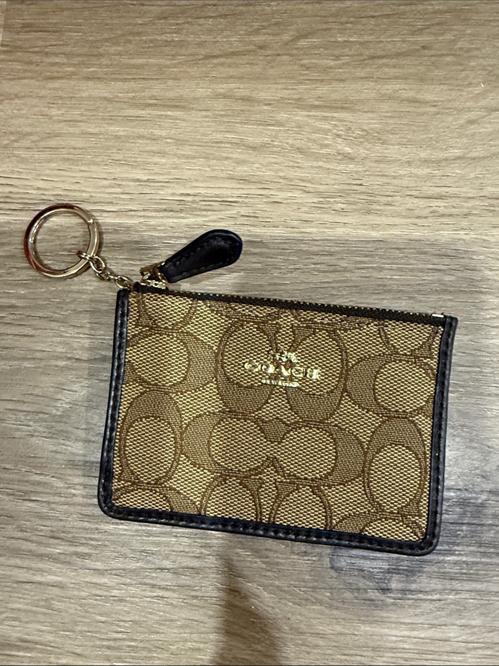 Coach Signature Canvas Brown Zip Card Case with Key Ring